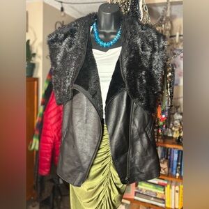 NWT Faux Leather & Fur Vest Jacket • Dramatic Collar •  Boutique Old-Stock • S-M